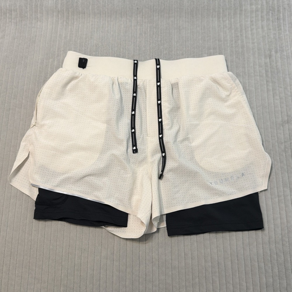 Young La Light White M Athletic Gym Shorts Mesh Lined Drawstring Pockets